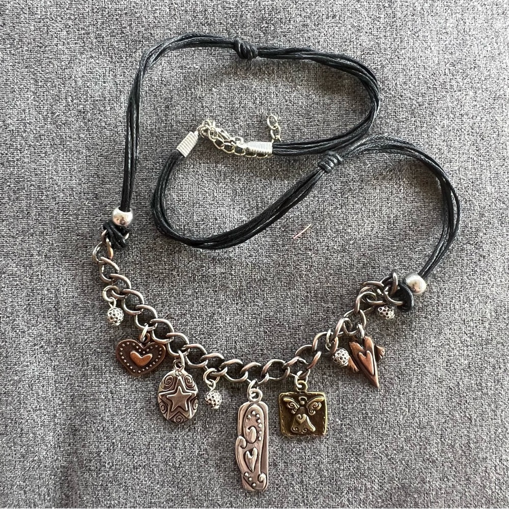 Leather 4 strand and mixed-metal charm necklace with hearts, star, angel 20”